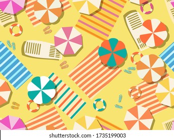 Seamless beach pattern, top view. Beach umbrella and towel on the sand. Flat design style. Summer background. Vector illustration
