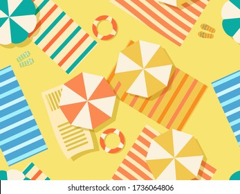 Seamless beach pattern, top view. Chaise lounge with beach umbrella and towel on the sand. Flat design style. Summer beach vacation. Vector illustration