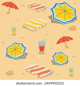 Seamless beach pattern. Beach umbrella and towel with drink in glass on sand. Flat design style. Summer background. Vector illustration