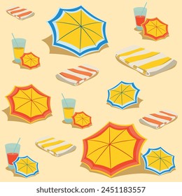 Seamless beach pattern. Beach umbrella and towel with drink in glass on sand. Flat design style. Summer background. Vector illustration