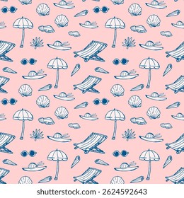 Seamless beach pattern with umbrellas, sunglasses, and shells on pink background. dolce vita summer doodle vector illustration. Italian style.