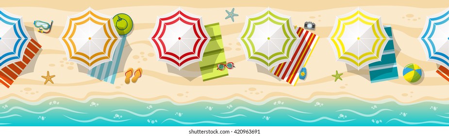Seamless beach resort panorama with colorful beach umbrellas