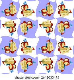 Seamless Beach Sandcastle Pattern. Playful seamless pattern with cartoon sandcastles, buckets, scoops and starfish on wavy purple and white background. Flat style, vibrant summer color palette.