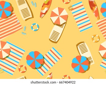 Seamless beach, top view. Chaise lounge with umbrella, surfboard, flip-flops and bedspreads. Beach vacation. Vector illustration