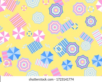 Seamless beach, top view. Beach umbrella and towel on the sand. Flat design style. Summer background. Vector illustration