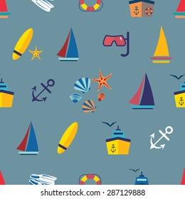Seamless beach vacation pattern. Background for you  a summer vacation design. Icons of marine theme on a colored background.