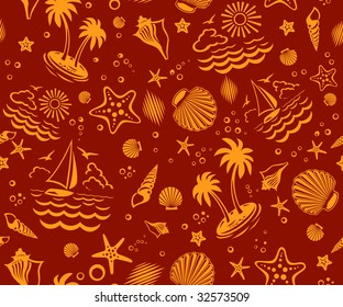 Seamless Beach Vector 2-color Pattern with sand, palms, stars and shells