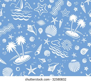 Seamless Beach Vector 2-color Pattern with sand, palms, stars and shells