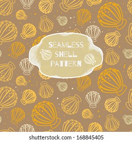 Seamless beach vector pattern with shells on brown