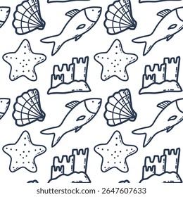 Seamless Beach-Theme Pattern With Seashells, Fishes, Stars, and Sandcastles. Illustrated seamless pattern featuring beach-themed icons like fish, seashells, starfish, and sandcastles, ideal for summer
