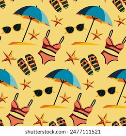 Seamless beach-themed pattern with swimsuits, sun umbrellas, starfish, flip-flops, and sunglasses. Perfect for beachwear designs, fabric prints, wallpapers, and summer-themed decorations.