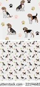Seamless Beagle dog pattern, holiday texture. Square format, t-shirt, poster, packaging, textile, socks, textile, fabric, decoration, wrapping paper. Trendy hand-drawn Beagle dog wallpaper.