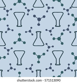 seamless beaker with atom pattern on blue background