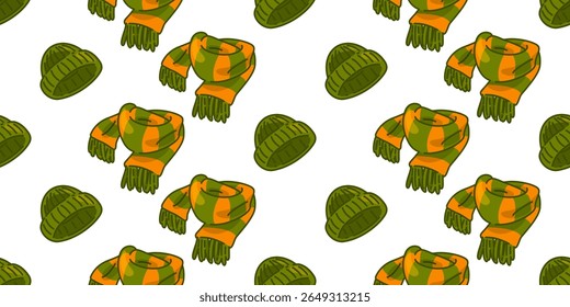 Padrão de outono sem emenda Beanie Scarf. Padrão perfeito com desenhos animados verdes e lenços xadrez nas cores quentes do outono. Ilustração em estilo plano sobre fundo branco.