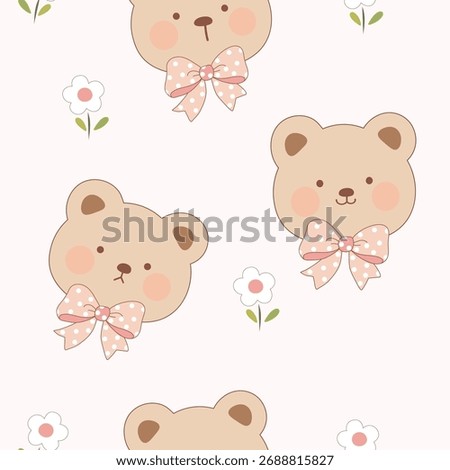 seamless bear head with polka dot white pink bow and flower around pattern , vector , illustration
