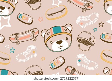 Padrão de fundo de ilustração de vetor de patinador de urso sem costura
