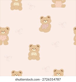 Osos sin costuras con patrón de vestidos de lunares con arcos sobre fondo rosa pálido, Vector, ilustración