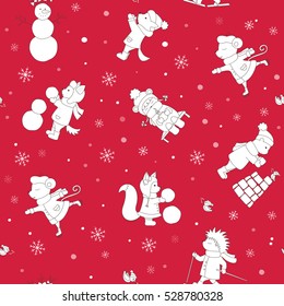 Seamless beasts of the forest on a winter background. Fox, bear, hedgehog, squirrel, mouse engaged in winter sports. Image for design wrap, postcards, covers, gift packaging, printing on fabric