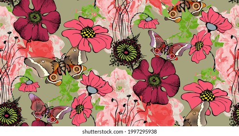 Seamless beautiful abstract colorful floral with butterfly pattern on green  background