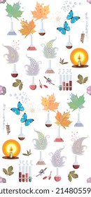 Seamless beautiful alchemical pattern with flasks and test tubes in which chemical reactions take place. Synthesis of living matter. Fairytale ornament for wallpaper, fabric.