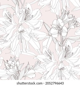 Seamless beautiful artistic colorful line tropical lily pattern. Line flowers original stylish floral background print on pink.