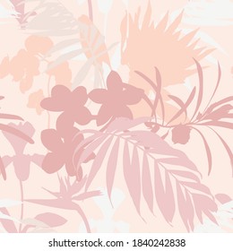 Seamless beautiful artistic colorful silhouette tropical pattern with exotic forest. Pastel leaves original stylish floral background print, bright flower on beige.