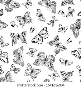 Seamless beautiful black and white pattern with butterfly. Hand-drawn contour lines and strokes 