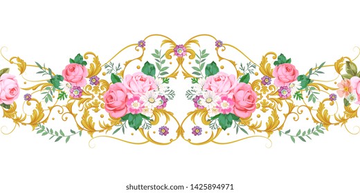 Seamless beautiful border with golden scrolls and country roses