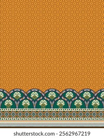 Seamless beautiful border in green color with mustered geometrical pattern design.