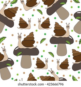 Seamless with beautiful brown mushroom with green leaves and happy snail cartoon. Vector illustration of snail can be used to design for T-shirt, card, poster, invitation.