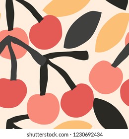 Seamless beautiful cherries pattern. Fashionable template for design. Vector illustration.