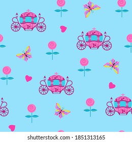 Seamless beautiful childish pattern with a carriage for Cinderella, a butterfly and roses. For decorating textiles, packaging and wallpaper. Vector illustration.