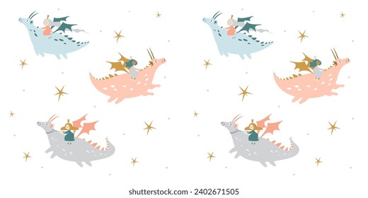 Seamless beautiful children's pattern: flying dragons and princesses. Vector illustration for fabric or wallpaper.