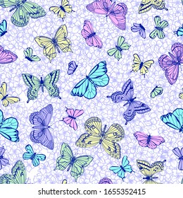 Seamless beautiful colourfull pattern with butterfly on flowers background. Print for fabric, paper and background.