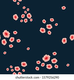 Seamless beautiful cute pattern with scattered minimalistic red flowers