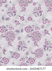 Seamless beautiful ethnic floral with leaf Indian Paisley pattern on cream background
