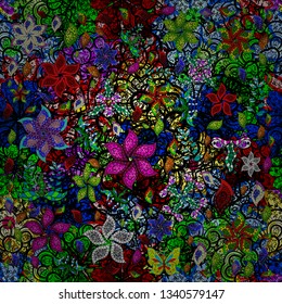Seamless Beautiful fabric pattern. Black, blue and green on colors. It can be used on wallpaper, mug prints, baby apparels, wrapping boxes etc. Vector - stock. Nice background. Doodles cute pattern.