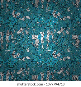 Seamless Beautiful fabric pattern. Black, white and blue on colors. Nice background. Doodles cute pattern. Vector - stock.
