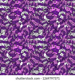 Seamless Beautiful fabric pattern. It can be used on wallpaper, mug prints, baby apparels, wrapping boxes etc. Nice background. Vector - stock. Doodles cute pattern. Purple, black and pink on colors.
