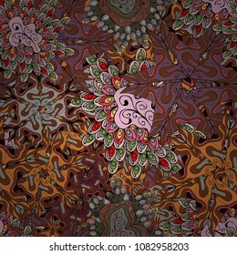 Seamless Beautiful fabric pattern. Doodles brown, black, neutral, gray and purple on colors. Vector.