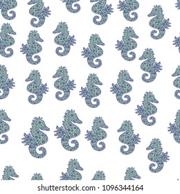 Seamless Beautiful fabric pattern. Doodles white, neutral and blue on colors. Vector.