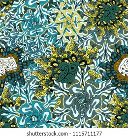 Seamless Beautiful fabric pattern. Doodles neutral, blue and green on colors. Vector.