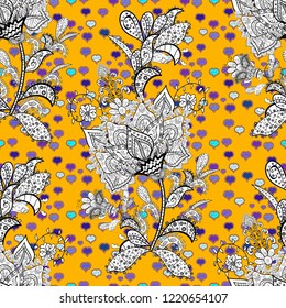 Seamless Beautiful fabric pattern. Doodles black, yellow and white on colors. Vector.