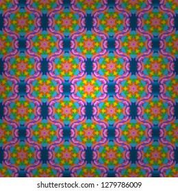 Seamless Beautiful fabric pattern. Doodles orange, blue and pink on colors. Vector.