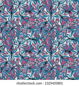 Seamless Beautiful fabric pattern. Doodles white, pink and blue on colors. Vector.
