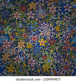 Seamless Beautiful fabric pattern. Doodles green, blue and black on colors. Vector.