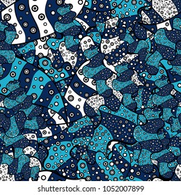 Seamless Beautiful fabric pattern. Nice background. Doodles cute pattern. Blue, black and white on colors.