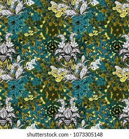 Seamless Beautiful fabric pattern. Nice background. Blue, black, green, yellow and white on colors. Doodles cute pattern. Vector - stock.