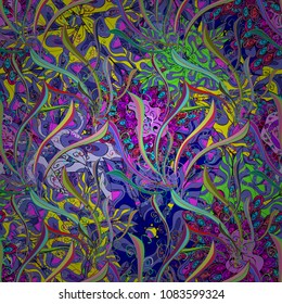 Seamless Beautiful fabric pattern. Nice background. Violet, blue, green, black and yellow on colors. Doodles cute pattern. Vector - stock.