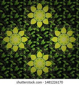 Seamless Beautiful fabric pattern. Nice background. Doodles cute pattern. Vector - stock. Green, black and yellow on colors.